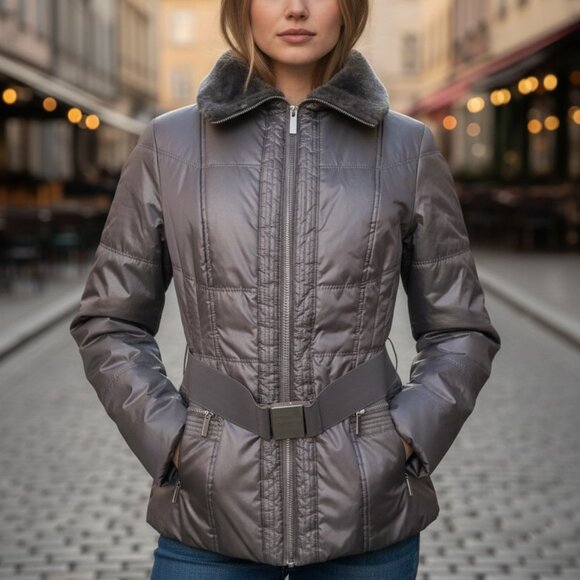 NY&CO Jacket Faux Fur Trim Packable Nylon Puffer Jacket size S color Silver - Picture 1 of 10